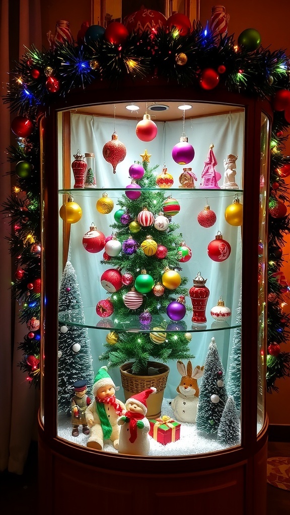 A festive Christmas vitrine decorated with ornaments, lights, and figurines, showcasing a holiday theme.